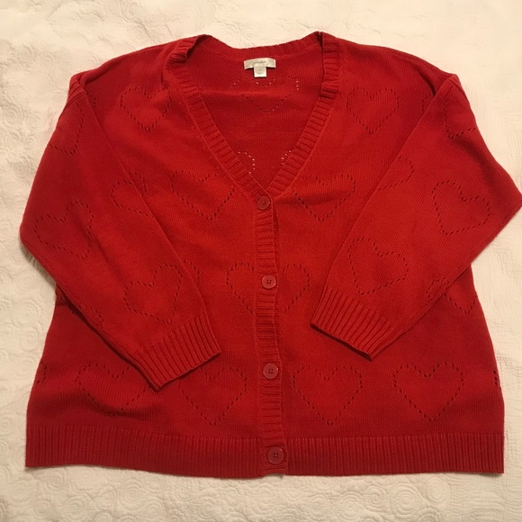 ❤C&B long sleeve v-neck buttonup red cardigan with perforated heart pattern (2X) - Picture 5 of 16